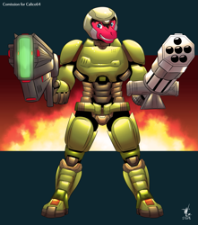 Size: 2355x2663 | Tagged: safe, artist:beowulf100, derpibooru import, oc, oc only, oc:fable prose, anthro, pegasus, armor, bfg, clothes, costume, doom, doomguy, gatling laser, gun, halloween, halloween costume, holiday, male, ranchtown, solo, stallion, video game, weapon