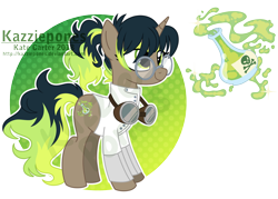 Size: 1024x735 | Tagged: safe, artist:kazziepones, oc, oc:chemical conoction, pony, unicorn, clothes, female, glasses, goggles, lab coat, mare, reference sheet, solo