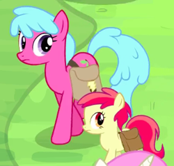 Size: 310x296 | Tagged: safe, derpibooru import, screencap, liberty belle, twinkleshine, earth pony, pony, unicorn, trade ya, background pony, cherry raindrops, cropped, duo focus, female, filly, foal, mare, offscreen character, recolor, saddle bag