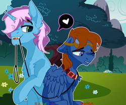 Size: 3258x2734 | Tagged: safe, artist:_vodka, oc, oc only, oc:gyro tech, oc:seaward skies, pegasus, pony, unicorn, collar, leash, male, pet play, tree