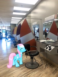 Size: 3024x4032 | Tagged: safe, photographer:undeadponysoldier, lotus blossom, earth pony, human, pony, augmented reality, barbershop, chair, female, gameloft, greatclips, irl, irl human, mare, photo, ponies in real life, solo