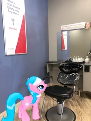 Size: 3024x4032 | Tagged: safe, photographer:undeadponysoldier, aloe, pony, augmented reality, barbershop, chair, female, gameloft, greatclips, irl, mare, photo, ponies in real life, solo