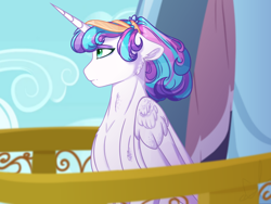 Size: 1600x1200 | Tagged: safe, artist:purplegrim40, derpibooru import, princess flurry heart, alicorn, pony, balcony, eyeshadow, female, floppy ears, makeup, mare, older, older flurry heart, solo, story included