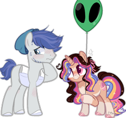 Size: 1280x1199 | Tagged: safe, artist:bat-b0y, artist:moon-rose-rosie, oc, oc only, oc:melanie, original species, pony, unicorn, collaboration, balloon, base used, blushing, female, male, mare, stallion