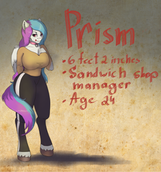 Size: 2895x3086 | Tagged: safe, artist:kittytitikitty, derpibooru import, oc, oc only, oc:prism, anthro, pegasus, unguligrade anthro, anthro oc, clothes, collar, commission, female, high res, mare, reference sheet, solo