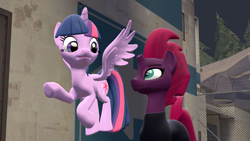 Size: 1920x1080 | Tagged: safe, artist:marianokun, fizzlepop berrytwist, tempest shadow, twilight sparkle, twilight sparkle (alicorn), alicorn, pony, 3d, broken horn, cpprocess, flying, horn, process, source filmmaker, talking, team fortress 2