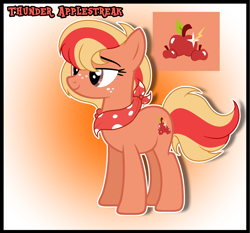 Size: 2077x1932 | Tagged: safe, artist:doraeartdreams-aspy, derpibooru import, oc, oc only, oc:thunder applestreak, earth pony, pony, bandana, cutie mark, magical lesbian spawn, offspring, parent:applejack, parent:rainbow dash, parents:appledash, reference sheet