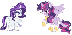 Size: 1004x496 | Tagged: safe, artist:bezziie, derpibooru import, rarity, twilight sparkle, twilight sparkle (alicorn), alicorn, classical unicorn, pony, unicorn, alternate design, cloven hooves, freckles, glasses, headcanon, leonine tail, unshorn fetlocks