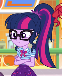 Size: 854x1054 | Tagged: safe, derpibooru import, screencap, sci-twi, twilight sparkle, better together, equestria girls, rollercoaster of friendship, bowtie, clothes, cropped, crossed arms, female, geode of telekinesis, glasses, magical geodes, ponytail, skirt, smiling, solo