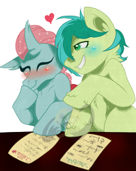 Size: 2190x2745 | Tagged: safe, artist:lemonkaiju, derpibooru import, ocellus, sandbar, changedling, changeling, earth pony, pony, blushing, cute, diaocelles, female, high res, interspecies, male, ocelbar, paper, sandabetes, shipping, smiling, straight