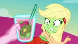 Size: 1920x1080 | Tagged: safe, screencap, applejack, pinkie pie, better together, equestria girls, spring breakdown, beverage, clothes, cup, dress, drink, geode of super strength, glass, green face, kiwi fruit, magical geodes, punch (drink), punch bowl, seasickness, sleeveless, straw