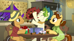 Size: 1920x1080 | Tagged: safe, derpibooru import, screencap, oak nut, pistachio, earth pony, pony, best gift ever, acorn, acorn family, butternut, chair, cowboy hat, curtains, family, farm, farmhouse, female, hat, husband and wife, male, mare, oven, present, sitting, stallion, stove, sweet acorn orchard, table, teenager