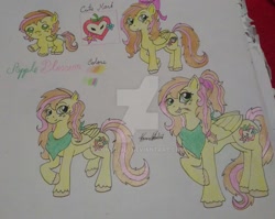 Size: 1024x815 | Tagged: safe, artist:monse2001, derpibooru import, oc, oc:apple blossom, pegasus, pony, age progression, baby, baby pony, bow, color palette, colored pencil drawing, cutie mark, deviantart watermark, diaper, female, filly, freckles, hair bow, hair tie, mare, neckerchief, obtrusive watermark, offspring, parent:big macintosh, parent:fluttershy, parents:fluttermac, raised hoof, solo, straw in mouth, traditional art, unshorn fetlocks, watermark