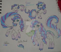 Size: 1024x875 | Tagged: safe, artist:monse2001, derpibooru import, oc, oc:snow diamond, dracony, hybrid, pony, unicorn, age progression, baby, claws, color palette, colored pencil drawing, cutie mark, deviantart watermark, female, filly, fire, fire breath, interspecies offspring, leonine tail, mare, obtrusive watermark, offspring, parent:rarity, parent:spike, parents:sparity, slit eyes, solo, traditional art, watermark