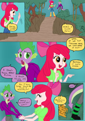 Size: 1024x1466 | Tagged: safe, artist:edcom02, derpibooru import, apple bloom, spike, anthro, dragon, human, comic:fun in the mud, equestria girls, boots, bow, clothes, comic, dirt, equestria girls-ified, hair bow, holding hands, human coloration, jeans, mud, pants, shirt, shoes, sign, tree