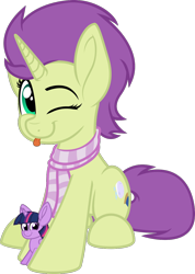 Size: 854x1200 | Tagged: safe, artist:binkyt11, derpibooru exclusive, derpibooru import, twilight sparkle, twilight sparkle (alicorn), oc, oc only, oc:sky spark, alicorn, pony, unicorn, .svg available, 2019 community collab, :p, :t, clothes, derpibooru community collaboration, faic, female, looking at you, mare, one eye closed, plushie, scarf, silly, simple background, smiling, smirk, solo, svg, tongue out, transparent background, twiface, vector, wink