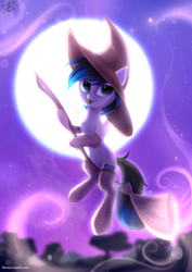 Size: 2894x4093 | Tagged: safe, artist:loonya, derpibooru import, oc, oc only, oc:ice energy, pegasus, pony, broom, femboy, flying, flying broomstick, halloween, hat, holiday, male, moon, night, nightmare night, solo, tongue out, witch, witch hat, ych result