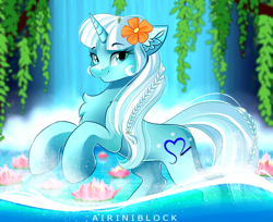 Size: 2555x2085 | Tagged: safe, artist:airiniblock, derpibooru import, oc, pony, unicorn, female, flower, flower in hair, looking at you, mare, rcf community, smiling, solo, water, waterfall, ych result