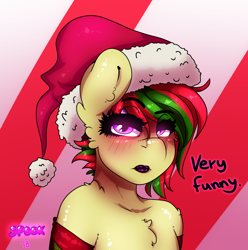 Size: 1614x1629 | Tagged: safe, artist:aaa-its-spook, derpibooru import, oc, oc:attraction, anthro, chest fluff, christmas, deadpan, delet this, femboy, hat, holiday, lipstick, makeup, male, meme, raised eyebrow, santa hat, solo, trap, unamused