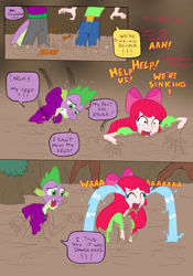Size: 1024x1464 | Tagged: safe, artist:edcom02, derpibooru import, apple bloom, spike, comic:fun in the mud, equestria girls, belt, bow, clothes, crying, equestria girls-ified, hair bow, human coloration, mud, ocular gushers, pulling out, quicksand, screaming, shirt, sinking