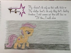 Size: 3264x2448 | Tagged: safe, artist:don2602, scootaloo, pegasus, pony, boulevard of broken dreams, dark background, female, green day, newbie artist training grounds, sad, solo, song reference, traditional art, walking