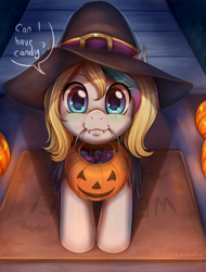 Size: 1900x2500 | Tagged: safe, artist:evomanaphy, derpibooru import, oc, oc only, oc:veleya, pony, blushing, cute, dialogue, doorstep, evomanaphy is trying to murder us, fangs, female, filly, halloween, halloween costume, hat, holiday, jack-o-lantern, looking at you, ocbetes, offspring, parent:oc:arus, parent:oc:hazy, parents:harus, parents:oc x oc, patreon, patreon reward, pumpkin, pumpkin bucket, solo, speech bubble, trick or treat, trick or treating