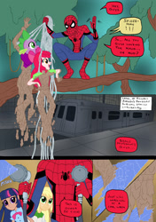 Size: 1024x1452 | Tagged: safe, artist:edcom02, derpibooru import, apple bloom, applejack, spike, twilight sparkle, comic:fun in the mud, equestria girls, boots, bow, crossover, hair bow, hose, human coloration, mud, shoes, spider web, spider-man, train, tree, water