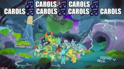 Size: 888x499 | Tagged: safe, derpibooru import, edit, edited screencap, screencap, ocellus, pharynx, thorax, changedling, changeling, best gift ever, caption, caroling, changedling brothers, discovery family logo, fake campfire, female, king thorax, lantern, male, prince pharynx, the true gift of gifting, tree