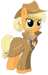 Size: 1974x3089 | Tagged: safe, artist:scarletlightning565, derpibooru import, applejack, earth pony, pony, fallout equestria, alternate hairstyle, clothes, cowboy hat, fanfic, fanfic art, female, gun, handgun, hat, hooves, little macintosh, mare, ministry mares, ministry of technology, optical sight, revolver, scope, simple background, solo, transparent background, weapon