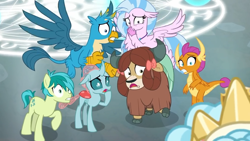 Size: 1280x720 | Tagged: safe, derpibooru import, screencap, cozy glow, gallus, ocellus, sandbar, silverstream, smolder, yona, changedling, changeling, classical hippogriff, dragon, earth pony, griffon, hippogriff, pegasus, pony, yak, school raze, bow, chest fluff, claws, cloven hooves, crown, cutie mark, dragoness, female, floppy ears, flying, hair bow, hand over mouth, hoof over mouth, jewelry, magic, magic circle, male, monkey swings, paws, regalia, scared, shocked, student six, tail, teenager, toes, uh oh, wings