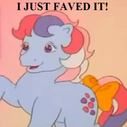 Size: 504x504 | Tagged: safe, derpibooru import, edit, edited screencap, screencap, sweet stuff, g1, my little pony 'n friends, sweet stuff and the treasure hunt, bow, cropped, cute, happy, reaction image, sweet sweet stuff, tail bow, text