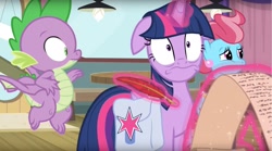 Size: 1680x934 | Tagged: safe, screencap, cup cake, spike, twilight sparkle, twilight sparkle (alicorn), alicorn, dragon, a trivial pursuit, claws, floppy ears, quill, saddle bag, scroll, shrunken pupils, winged spike