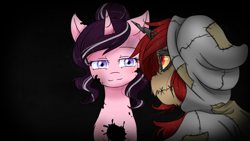 Size: 1920x1080 | Tagged: safe, artist:angelscribs, derpibooru import, oc, oc only, oc:curse word, oc:magpie, pony, unicorn, black background, clothes, implied ink dye, ink, looking at each other, simple background, smiling