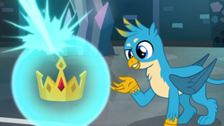 Size: 1280x720 | Tagged: safe, derpibooru import, screencap, gallus, griffon, school raze, chest fluff, claws, crown, crown of grover, jewelry, male, paws, raised claw, raised eyebrow, regalia, solo, tail, wings