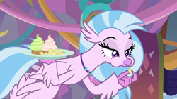 Size: 1280x720 | Tagged: safe, screencap, silverstream, she's all yak, bedroom eyes, chips, cupcake, food, solo