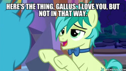 Size: 600x337 | Tagged: safe, edit, edited screencap, screencap, gallus, sandbar, earth pony, griffon, pony, she's all yak, bowtie, caption, image macro, impact font, memeful.com, shipping denied, text