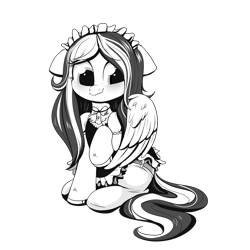 Size: 2000x2000 | Tagged: safe, artist:confetticakez, derpibooru import, oc, oc only, oc:jet stream, pegasus, pony, blushing, choker, clothes, cute, dress, embarrassed, floppy ears, maid, monochrome, shy, simple background, solo, transparent background