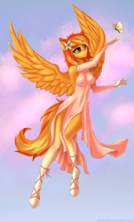 Size: 2040x3374 | Tagged: safe, artist:anxiety-chan, derpibooru import, oc, oc only, oc:serenity, anthro, butterfly, pegasus, unguligrade anthro, anthro oc, blue background, clothes, commission, digital art, dress, eye clipping through hair, female, flower, flower in hair, flying, hair over one eye, high res, mare, signature, simple background, smiling, socks (coat marking), solo, spread wings, wings, ych result