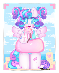 Size: 3000x3700 | Tagged: safe, artist:bunxl, derpibooru import, princess flurry heart, alicorn, semi-anthro, clothes, cute, female, filly, flurrybetes, food, ice cream, inner tube, one-piece swimsuit, solo, swimsuit