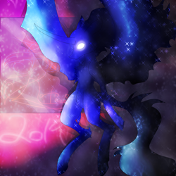 Size: 5800x5800 | Tagged: safe, artist:florarena-kitasatina/dragonborne fox, tantabus, semi-anthro, absurd resolution, curved horn, glowing eyes, horn, signature, space, watermark