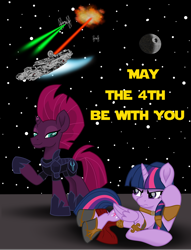 Size: 3584x4699 | Tagged: safe, artist:ejlightning007arts, tempest shadow, twilight sparkle, twilight sparkle (alicorn), alicorn, pony, unicorn, angry, crossover, death star, explosion, implied lesbian, implied tempestlight, may the fourth be with you, millenium falcon, princess leia, slave leia outfit, star wars, starfighter, stars, starship, tie fighter