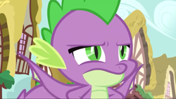 Size: 1280x720 | Tagged: safe, screencap, spike, dragon, the big mac question, male, ponyville, sky, spike is not amused, unamused, winged spike, wings