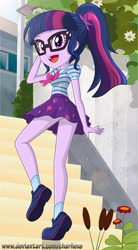 Size: 455x827 | Tagged: safe, artist:charliexe, derpibooru import, sci-twi, twilight sparkle, better together, equestria girls, building, clothes, cute, female, geode of telekinesis, glasses, legs, magical geodes, miniskirt, open mouth, ponytail, shoes, skirt, skirt lift, socks, solo, stairs, twiabetes
