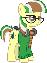 Size: 1849x2478 | Tagged: safe, artist:lightning stripe, derpibooru import, oc, oc only, oc:beetle beat, oc:hercules, beetle, earth pony, pony, rhinoceros beetle, brown eyes, clothes, female, glasses, headphones, mare, scarf, show accurate, simple background, solo, sweater, transparent background