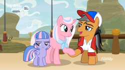 Size: 1920x1080 | Tagged: safe, screencap, clear sky, quibble pants, wind sprint, earth pony, pegasus, pony, unicorn, common ground, all new, appleloosa, discovery family logo, female, filly, foal, holding hooves, male, mare, stallion, text, trio