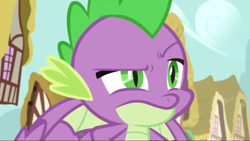 Size: 1280x720 | Tagged: safe, screencap, spike, dragon, the big mac question, male, ponytail, raised eyebrow, sky, spike is not amused, unamused, winged spike