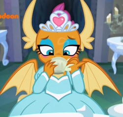 Size: 458x434 | Tagged: safe, derpibooru import, screencap, smolder, dragon, what lies beneath, claws, clothes, cropped, cup, dragon wings, dragoness, dress, female, horns, princess smolder, solo, spread wings, teacup, wings