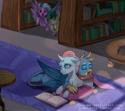 Size: 1297x1153 | Tagged: safe, artist:riukime, gallus, ocellus, sandbar, silverstream, changedling, changeling, earth pony, griffon, hippogriff, pony, blushing, book, bookcase, cheek squish, cuddling, cute, dark, diaocelles, diastreamies, eyes closed, female, floppy ears, flying, gallabetes, happy, hoof over mouth, hug, leg fluff, library, lidded eyes, luslus, male, open mouth, peeking, pillow, shipping, sleeping, smiling, snuggling, spread wings, squishy cheeks, straight, wings