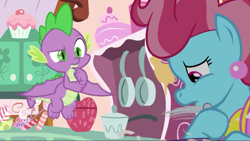 Size: 1280x720 | Tagged: safe, screencap, cup cake, spike, dragon, the big mac question, claws, female, kitchen, male, mare, toes, winged spike, wings