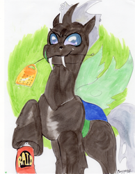 Size: 1548x2000 | Tagged: safe, artist:reallycoykoifish, derpibooru import, oc, oc only, oc:evening breeze, changeling, bug spray, changeling oc, flyswatter, male, smug, solo, traditional art